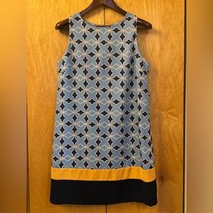 Pink Martini garden gate print/colorblock sleeveless shift dress 2blues/maize M